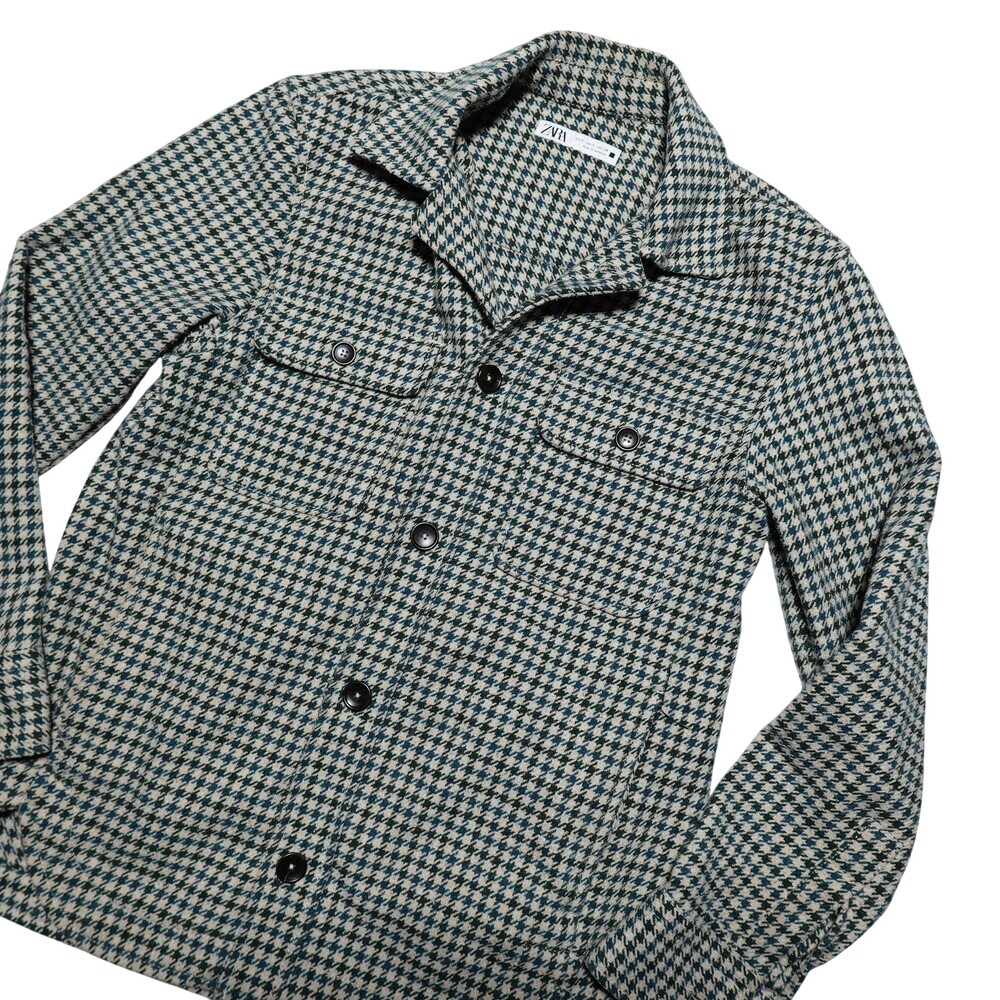 ZARA Jacket Mens Small Green Wool Tweed Check Military Button Pockets Shirt Jac